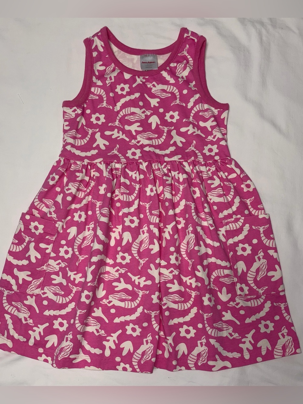 Hanna Andersson pink knit dress with mermaid design and patch pockets Sz 5 EUC